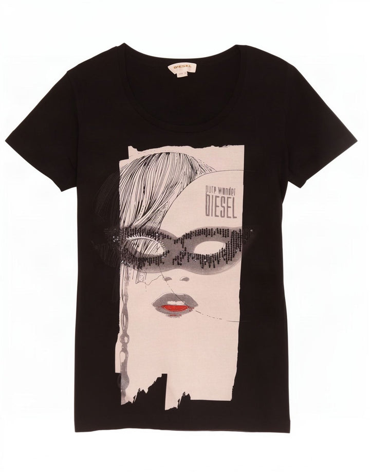 Diesel Mujer Camiseta Gráfica Top UK 10 Small Negro