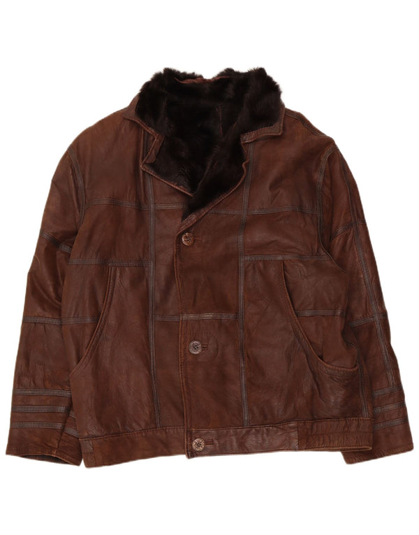 Vintage hombres shearling chaqueta Reino Unido 40 gran patchwork marrón