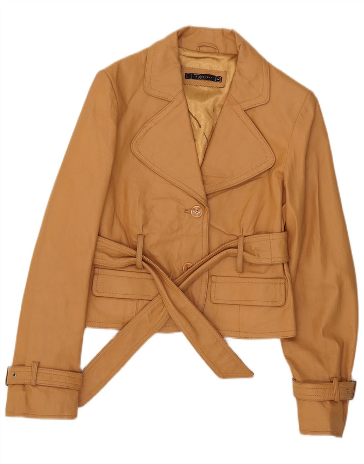 Vintage mujer chaqueta de cuero Reino Unido 12 cuero beige medio