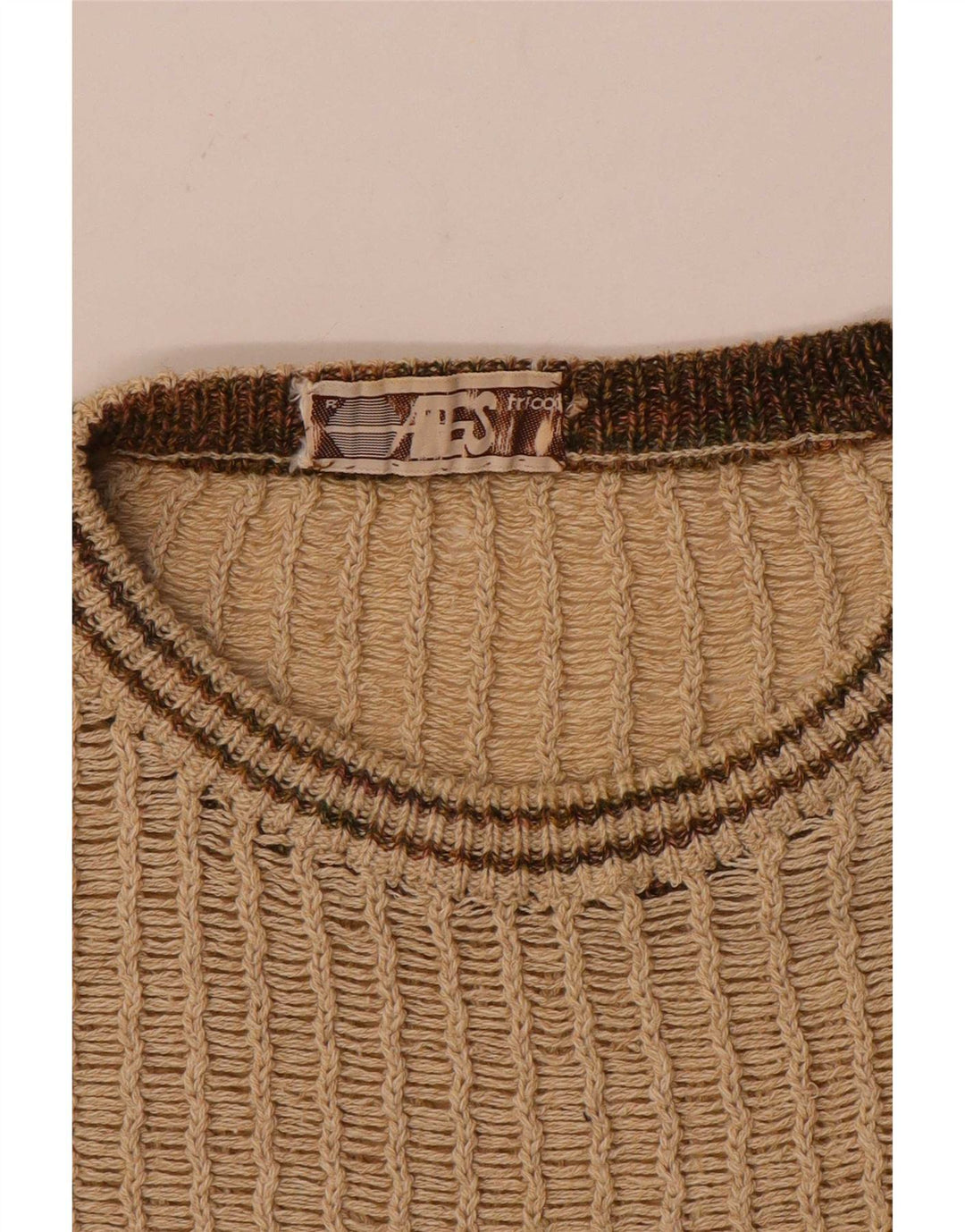 Vintage hombres barco cuello jersey suéter medio beige rayas