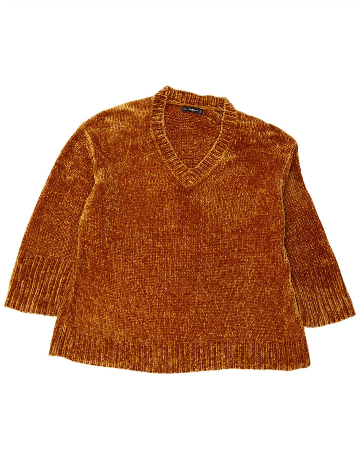 ZARA Mujer Jersey Oversize Con Cuello En V UK 44 Elastómero Marrón Medio