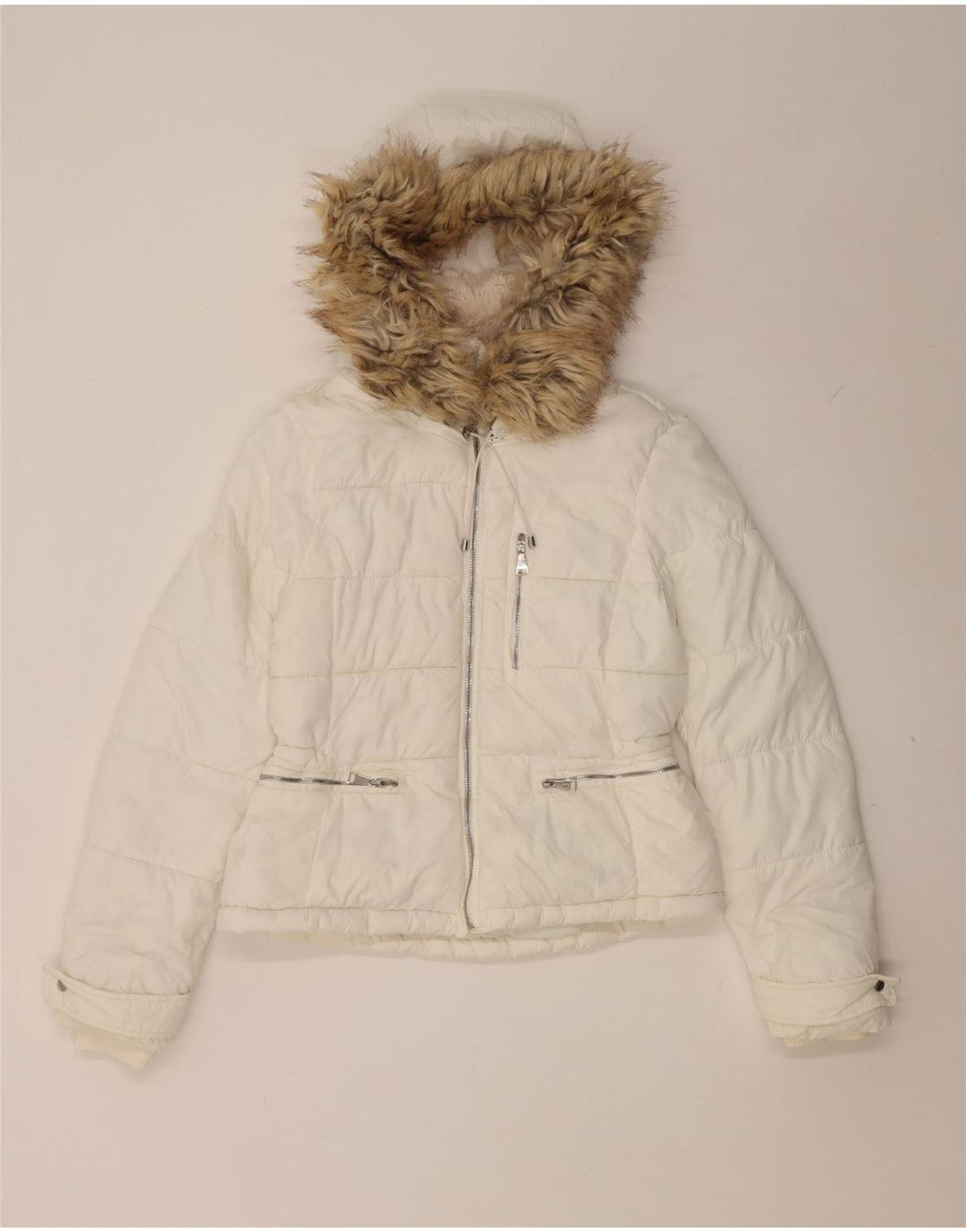 Zara Mujer Chaqueta Acolchada Con Capucha UK 10 Small Poliamida Blanca
