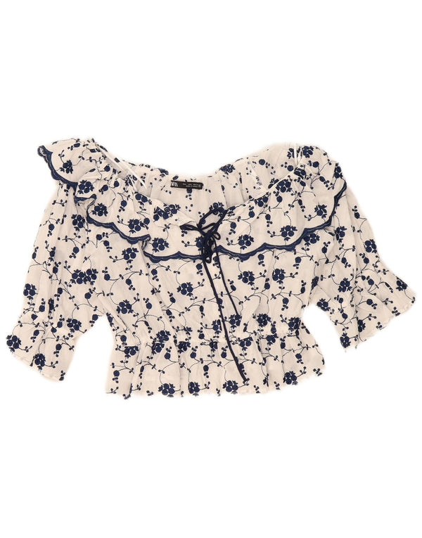 Zara Blusa Corta con Hombros Descubiertos para Mujer UK 40 Grande Algodón Floral Blanco
