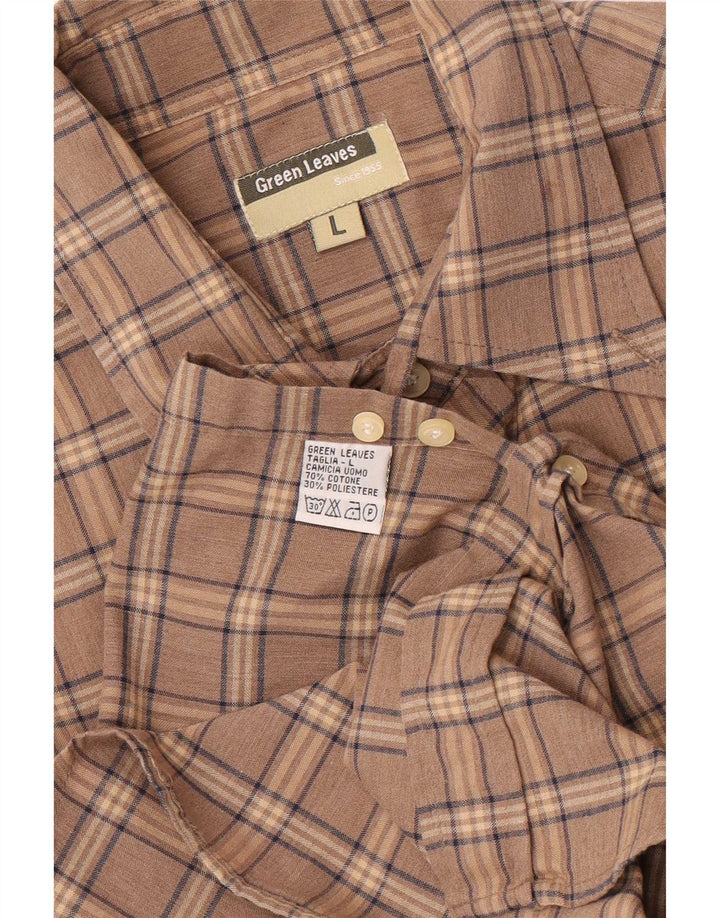 Camisa Hombre Hojas Verdes Algodón Cuadros Marrón Grande