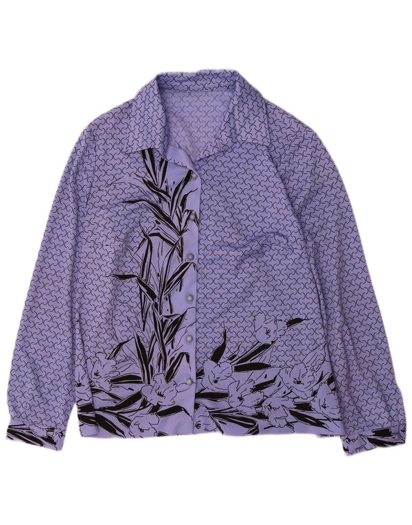 Vintage mujer camisa gráfica blusa Reino Unido 14 poliéster floral púrpura grande