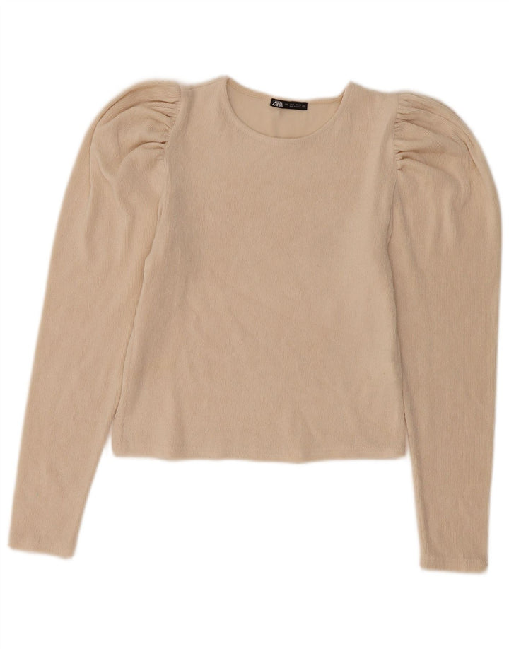 Zara Mujer Crop Blusa De Manga Larga Top UK 10 Small Beige Poliéster