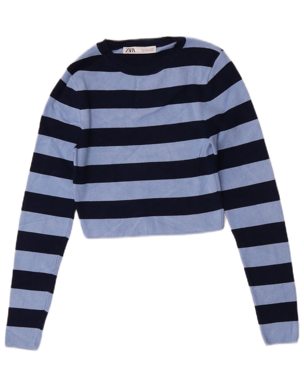 Zara Mujer Crop Blusa Top UK 40 Viscosa Rayas Azul Medio