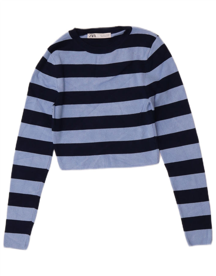 Zara Mujer Crop Blusa Top UK 40 Viscosa Rayas Azul Medio