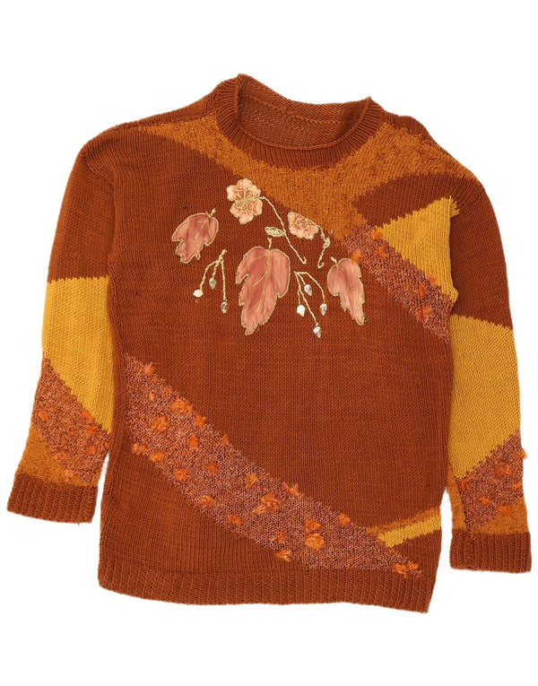 Vintage mujer cuello redondo jersey suéter Reino Unido 16 grande marrón floral