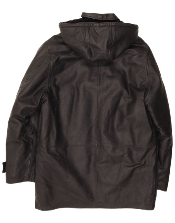 Vintage hombres chaqueta de cuero con capucha IT 50 cuero negro grande