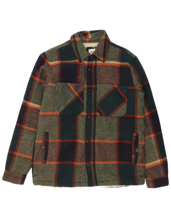ZARA Hombre Camisa De Franela De Leñador Relaxed Fit Poliéster A Cuadros Verdes Grandes