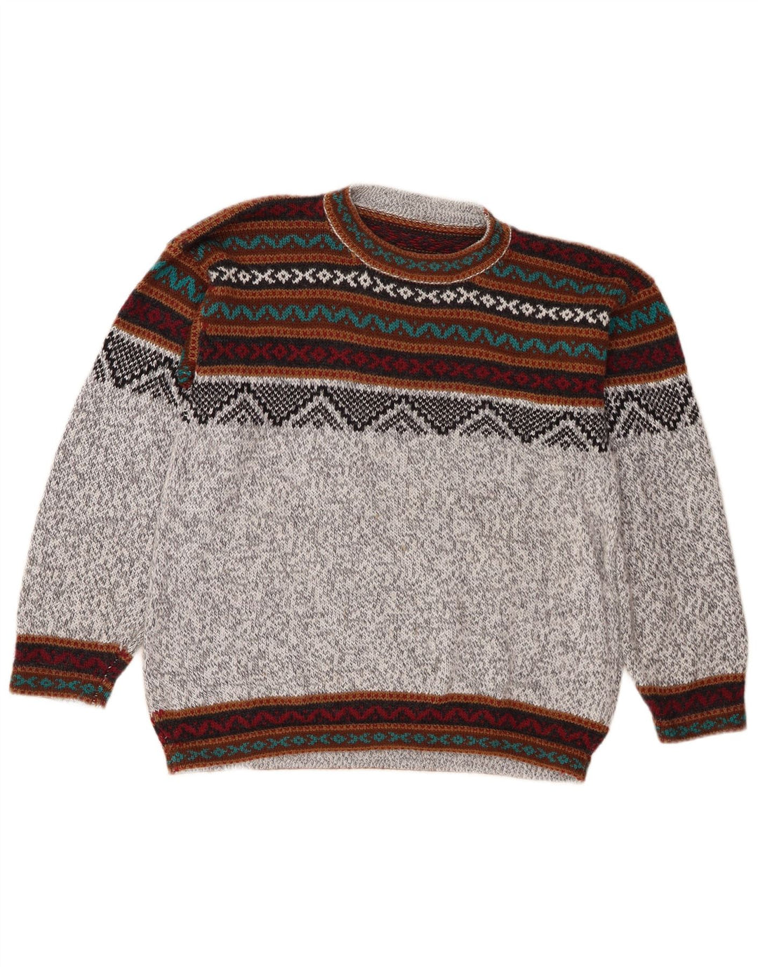 Vintage hombres cuello redondo jersey suéter medio gris Fair Isle