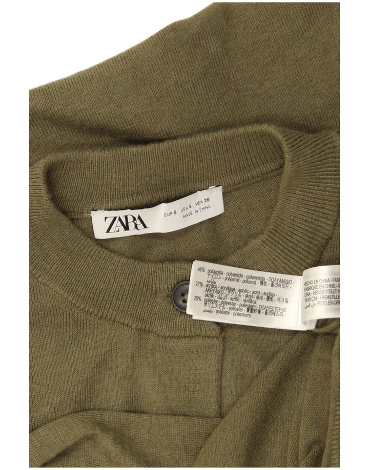 Zara Mujer Crop Cardigan Suéter UK 10 Small Caqui Poliamida