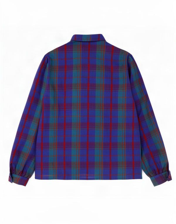 Vintage Womens Ruffle Front Long Sleeve Blouse Top UK 12 Medium Blue Plaid