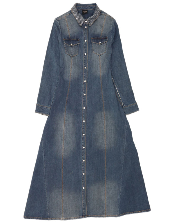 Vintage mujer manga larga Maxi vestido de mezclilla Reino Unido 6 XS algodón azul