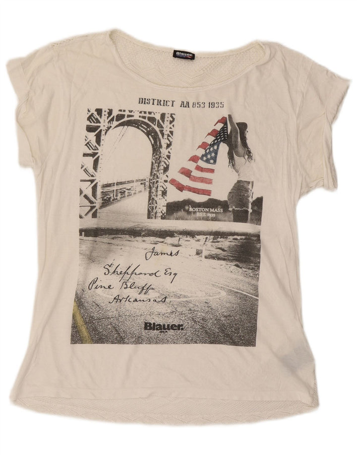 Blauer Camiseta gráfica extragrande para mujer Top UK 10 Small Off White Cotton