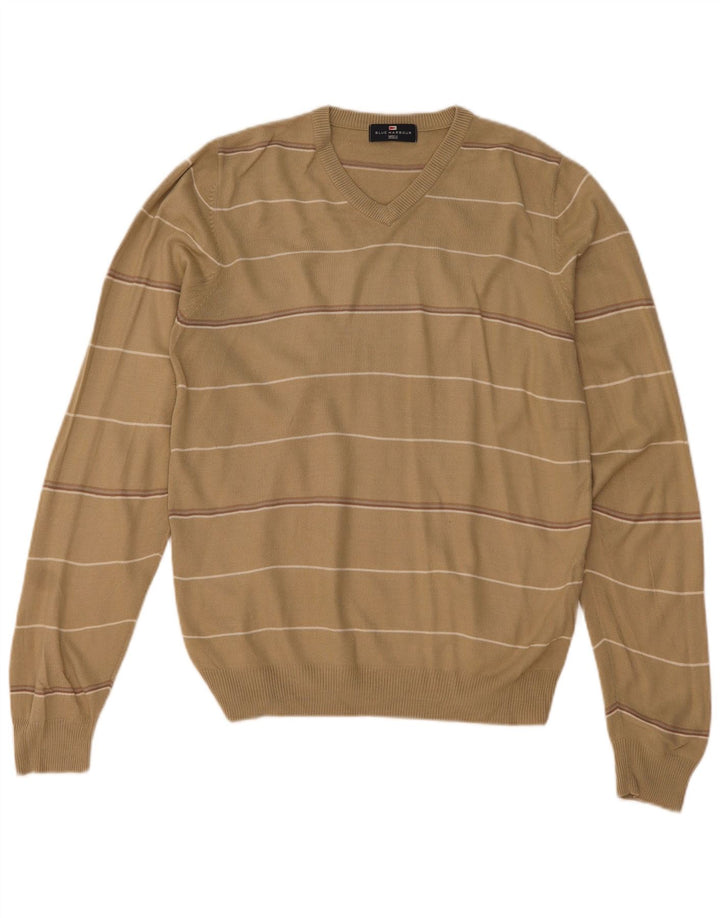Marks & Spencer Suéter con cuello en V para hombre, color azul, pequeño, color beige, a rayas