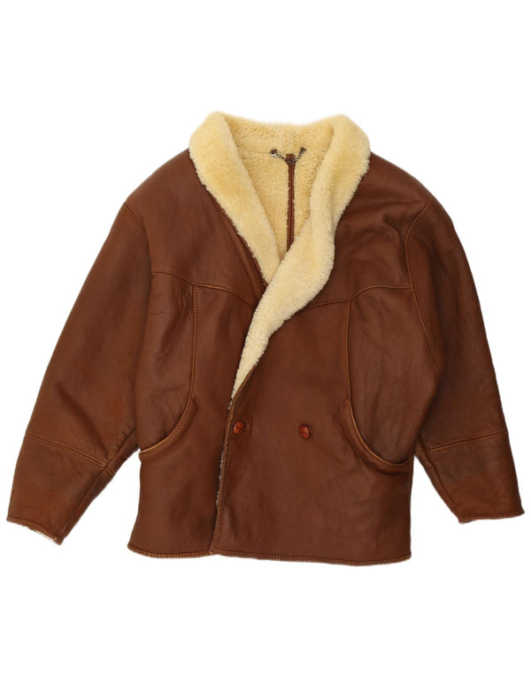 Vintage hombres suelta ajuste shearling chaqueta IT 46 pequeño cuero marrón