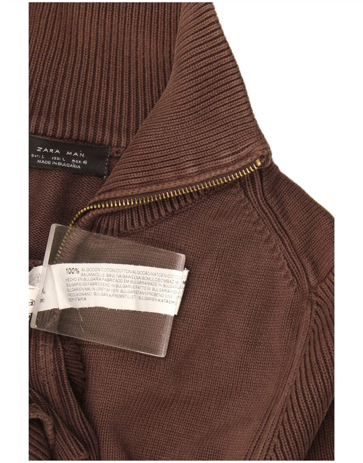 Zara Hombre Cárdigan Suéter Grande Algodón Marrón