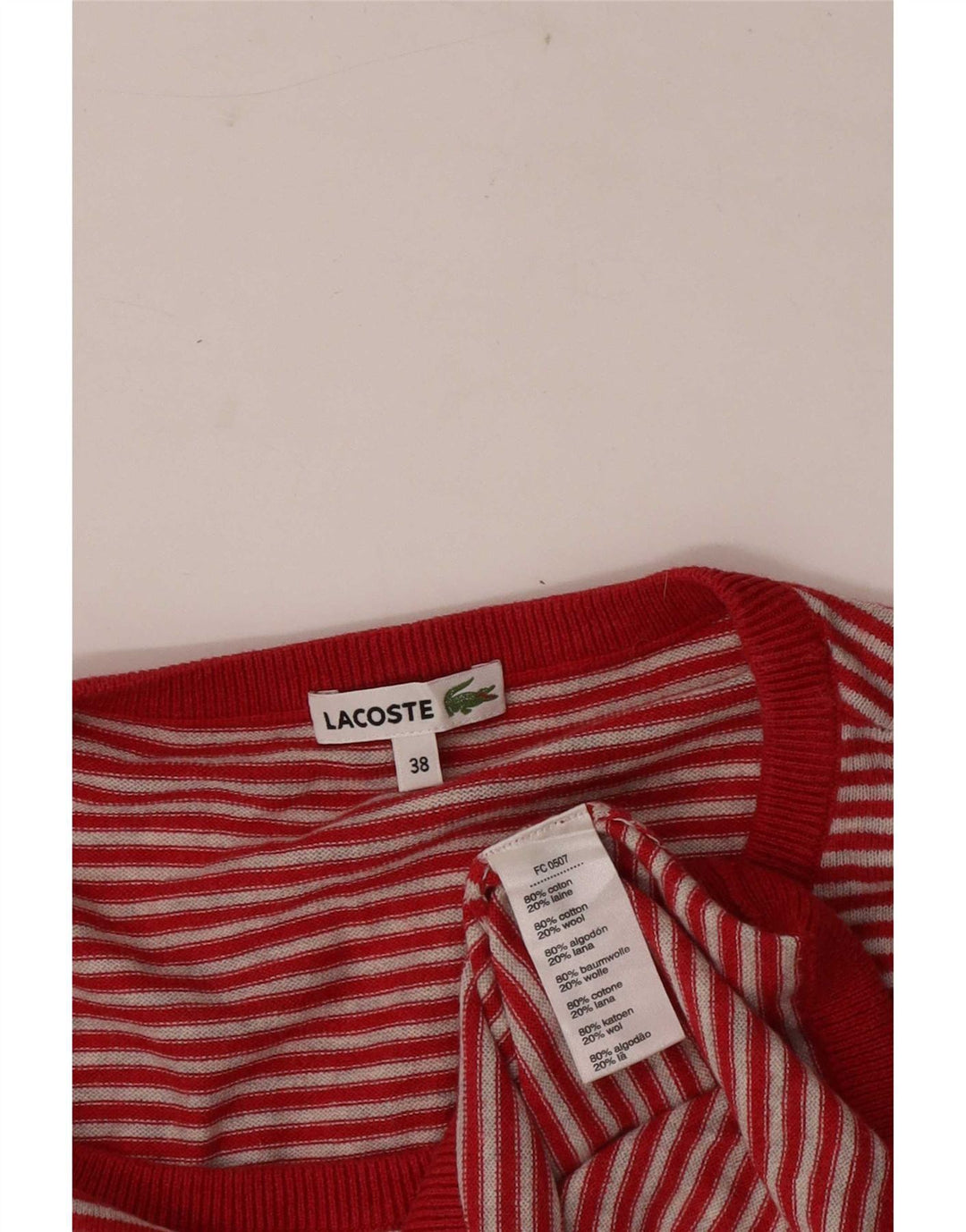 Lacoste Jersey De Cuello Redondo Para Mujer Talla 38 Mediano Rayas Rojas