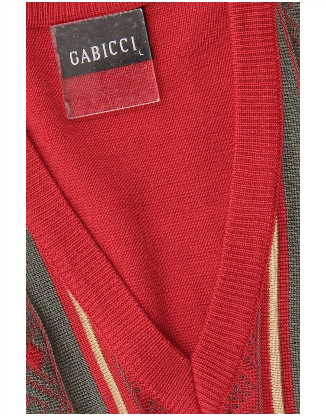GABICCI Mens V-Neck Jumper Sweater Large Red Striped Wool
