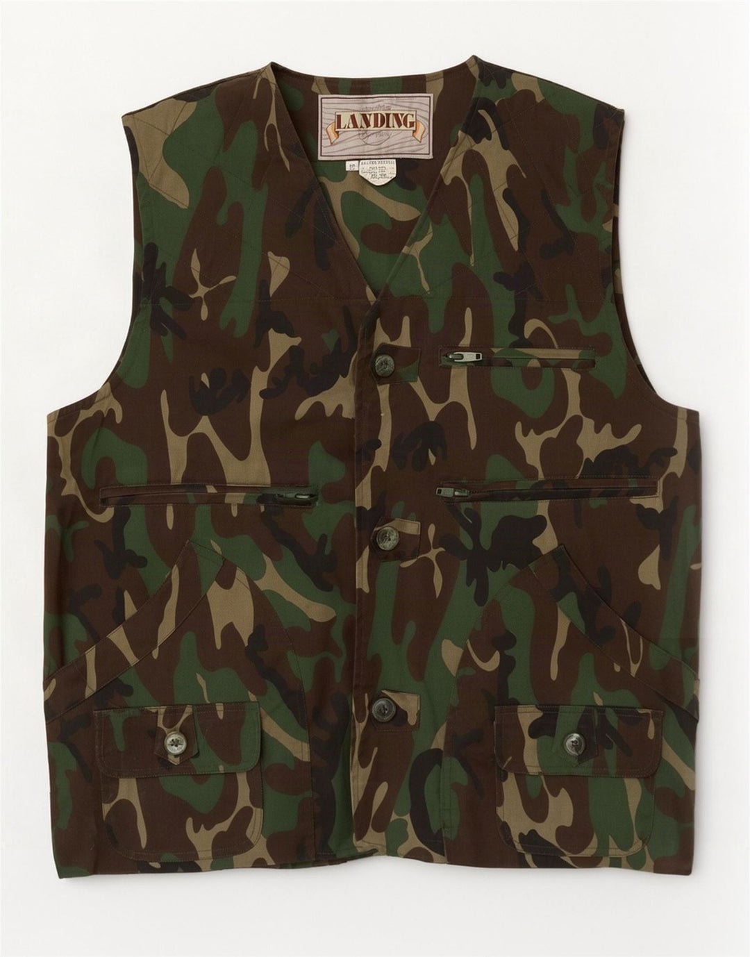 Vintage hombres utilitario gilet IT 50 poliéster de camuflaje verde grande