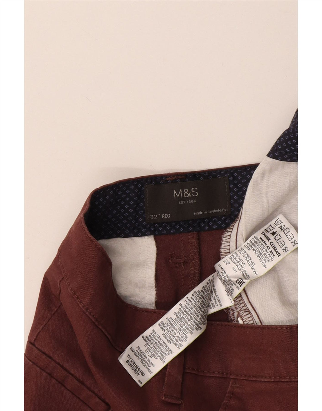 Marks & Spencer Pantalones cortos chinos para hombre W32 Algodón burdeos medio