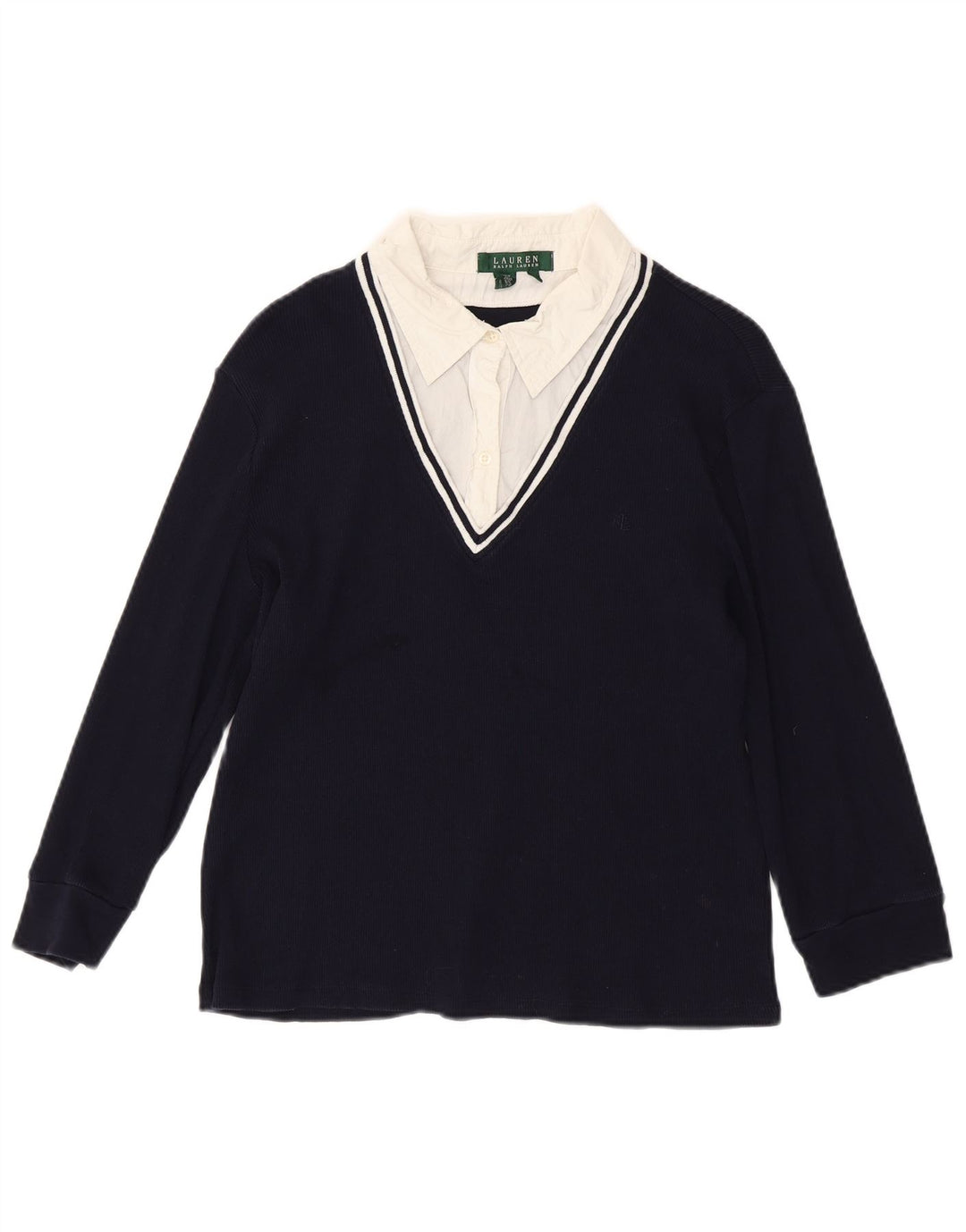 RALPH LAUREN Top para mujer manga 3/4 UK 40 XL Algodón azul marino con bloques de color