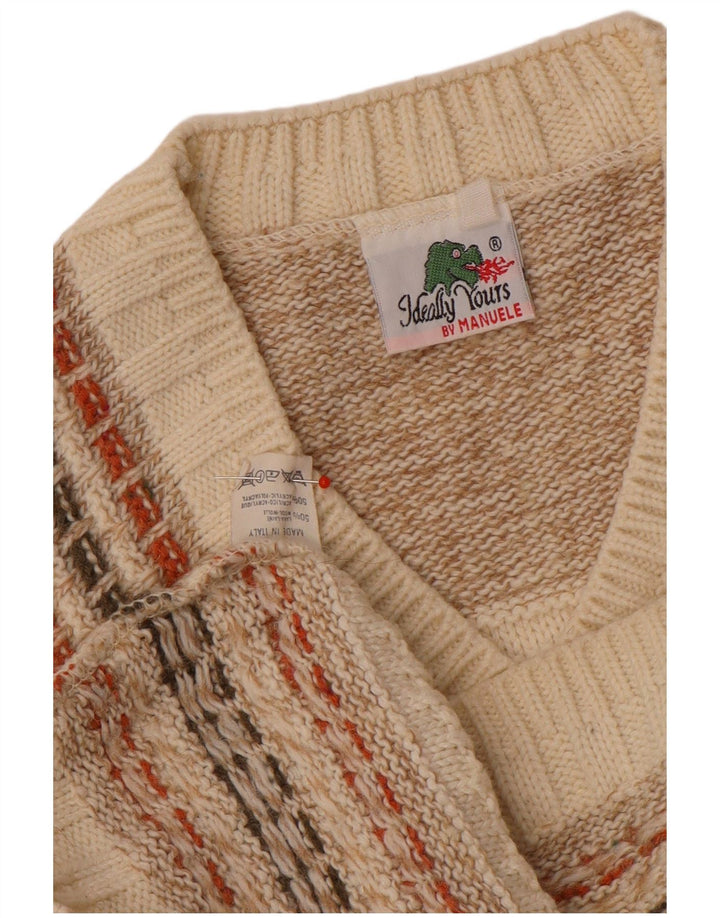 Vintage hombres V-cuello jumper suéter medio beige rayas lana