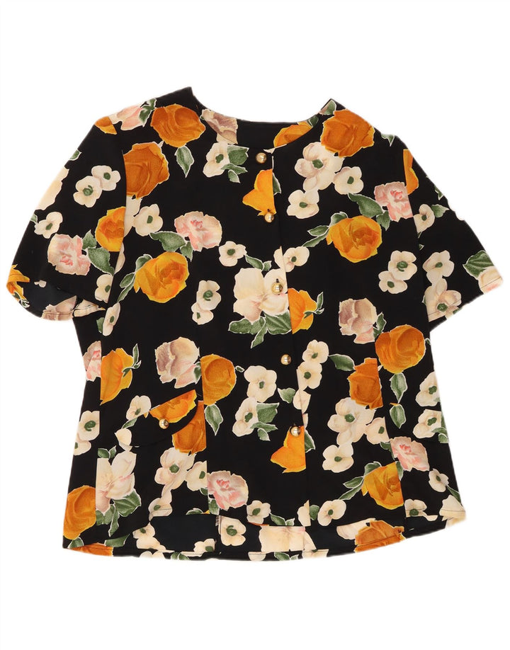 VINTAGE Blusa camisa de manga corta para mujer Reino Unido 16 Grande Negro Floral