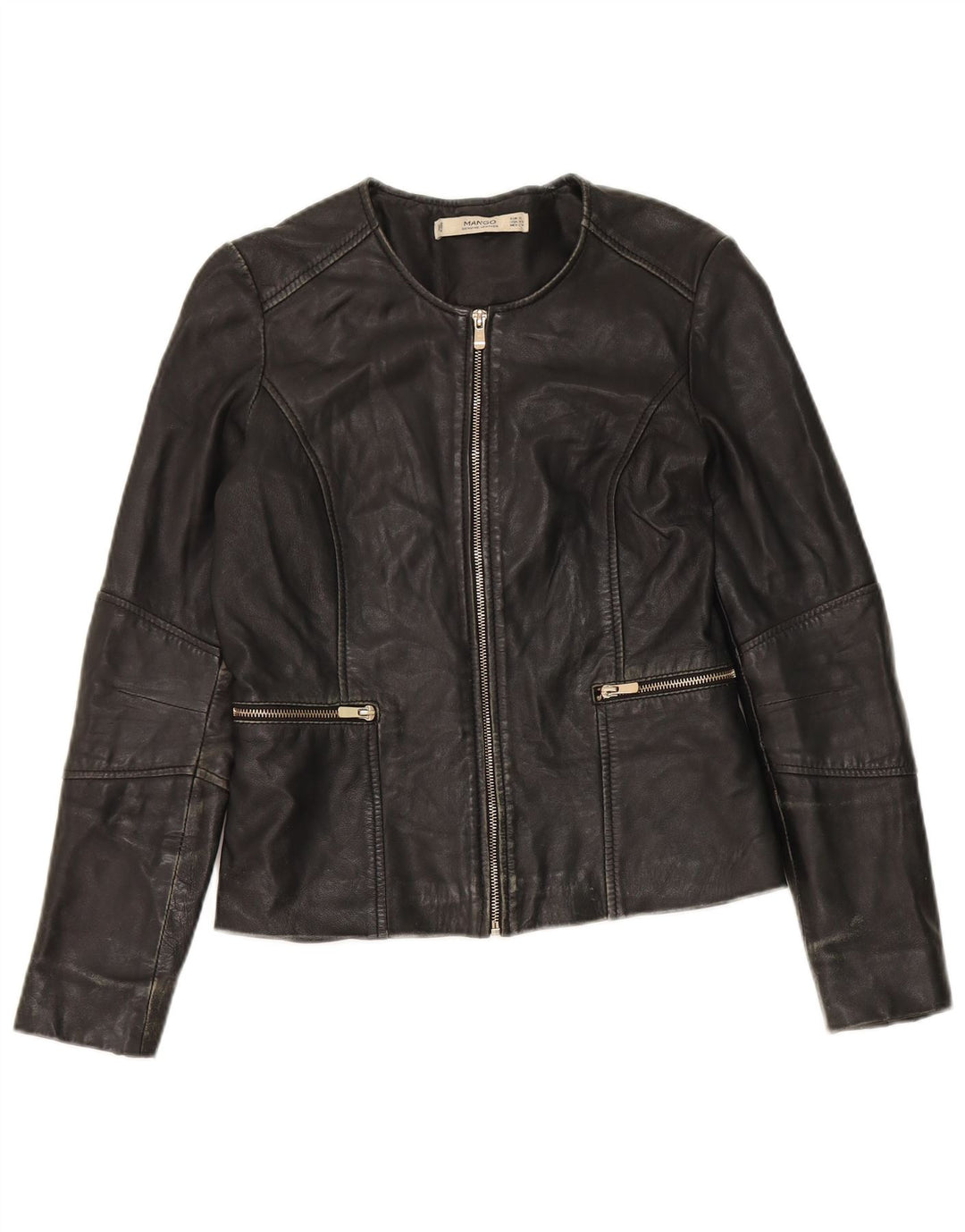Mango Mujer Crop Chaqueta De Cuero UK 10 Small Negro