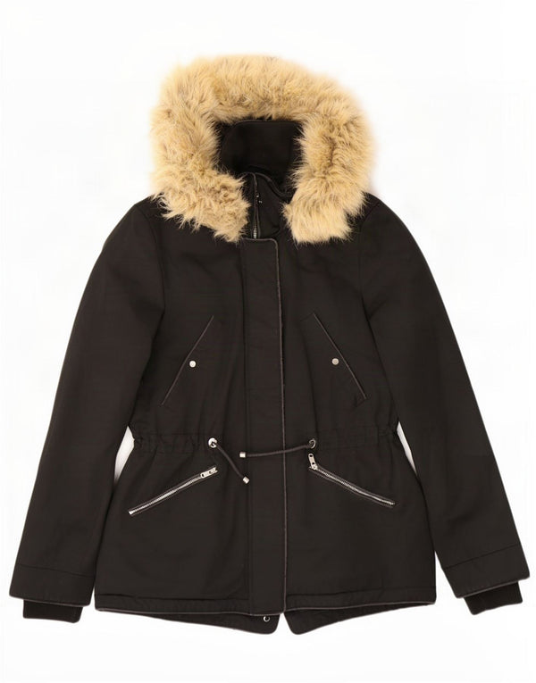 Zara Mujer Parka Con Capucha Chaqueta UK 6 XS Negro Poliéster