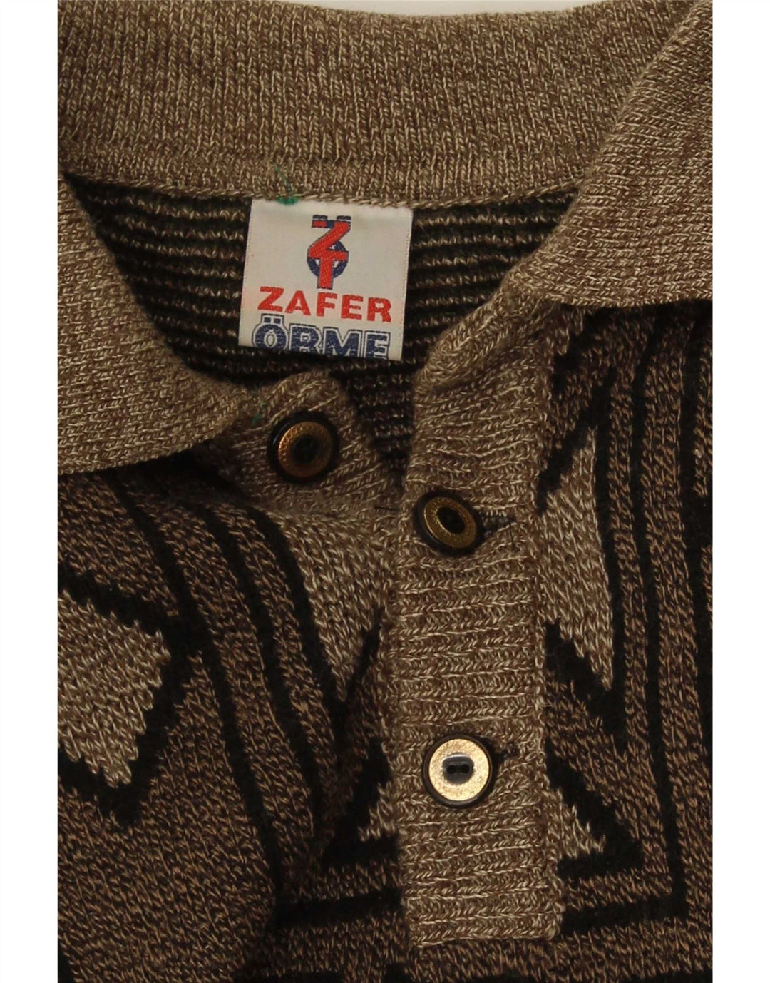 Vintage hombres polo cuello jersey suéter medio marrón geométrico