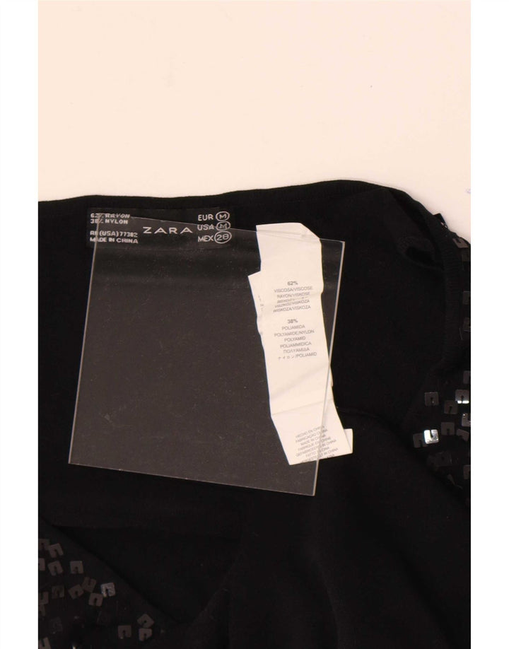 Zara Mujer Blusa Sin Mangas Top UK 42 Medio Viscosa Moteada Negra