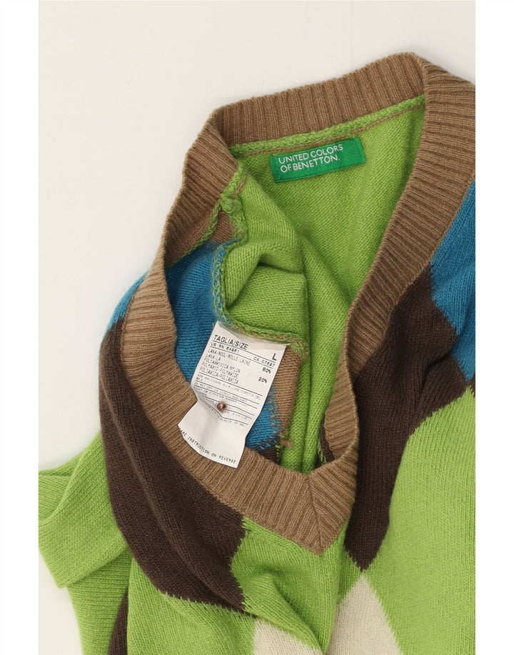 BENETTON Jersey con Cuello en V para Hombre Large Green Argyle/Diamond Wool
