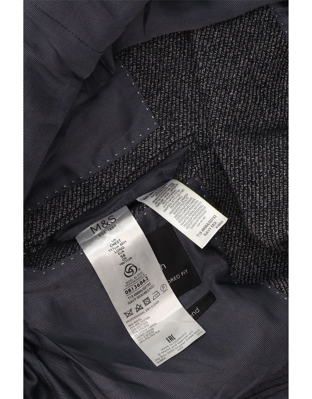 Marks & Spencer Chaqueta tipo blazer de 2 botones para hombre UK 46 XL Lana azul marino