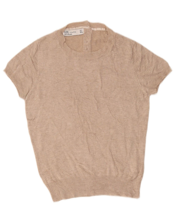 Zara Jersey de manga corta con cuello barco para mujer UK 10 Small Beige Viscosa
