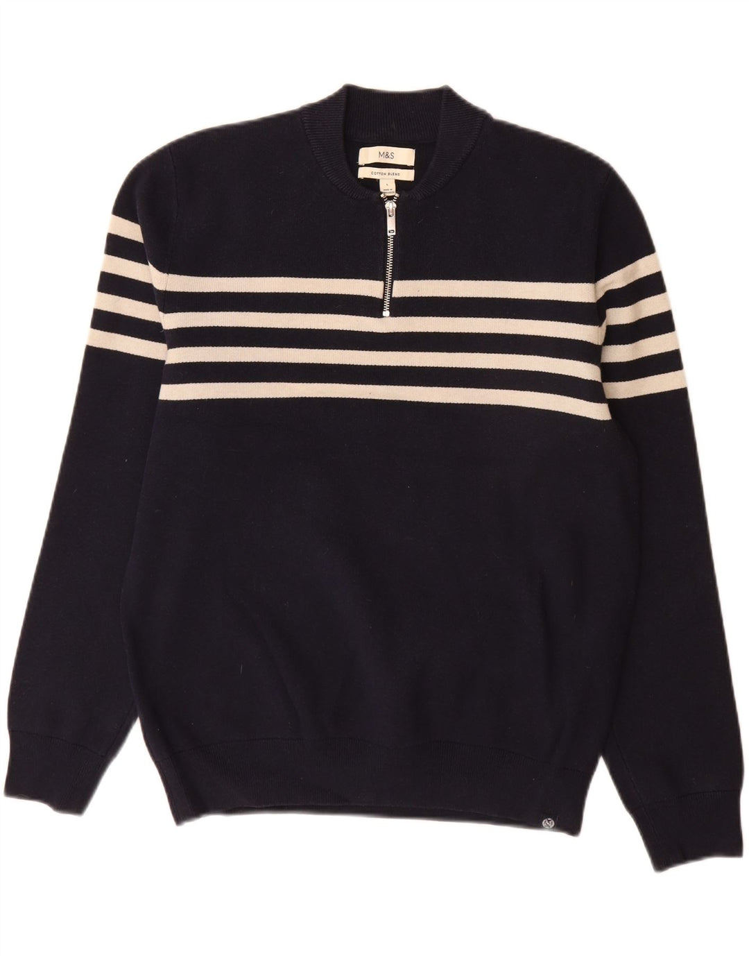 Marks & Spencer Jersey con cuello y cremallera para hombre, talla grande, rayas azul marino