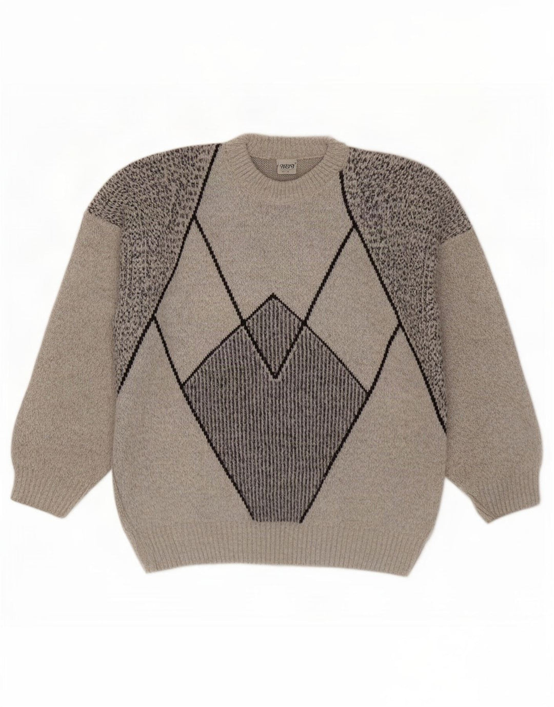 Vintage hombres cuello redondo jersey suéter grande gris lana geométrica