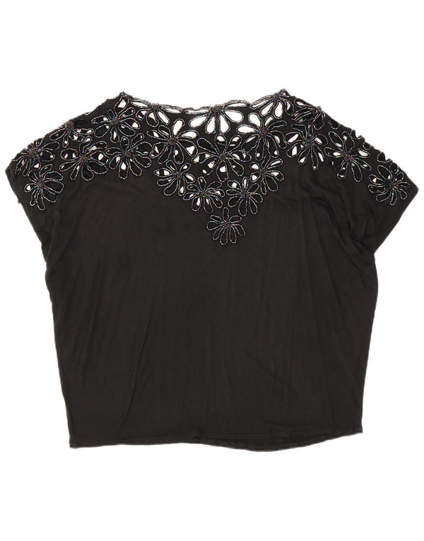 Vintage mujer blusa Top Reino Unido 20 2XL negro floral viscosa