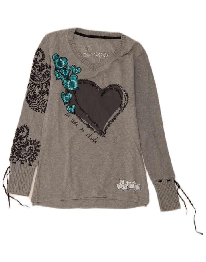 DESIGUAL Top gráfico para mujer de manga larga UK 42 Gris medio Paisley Heart