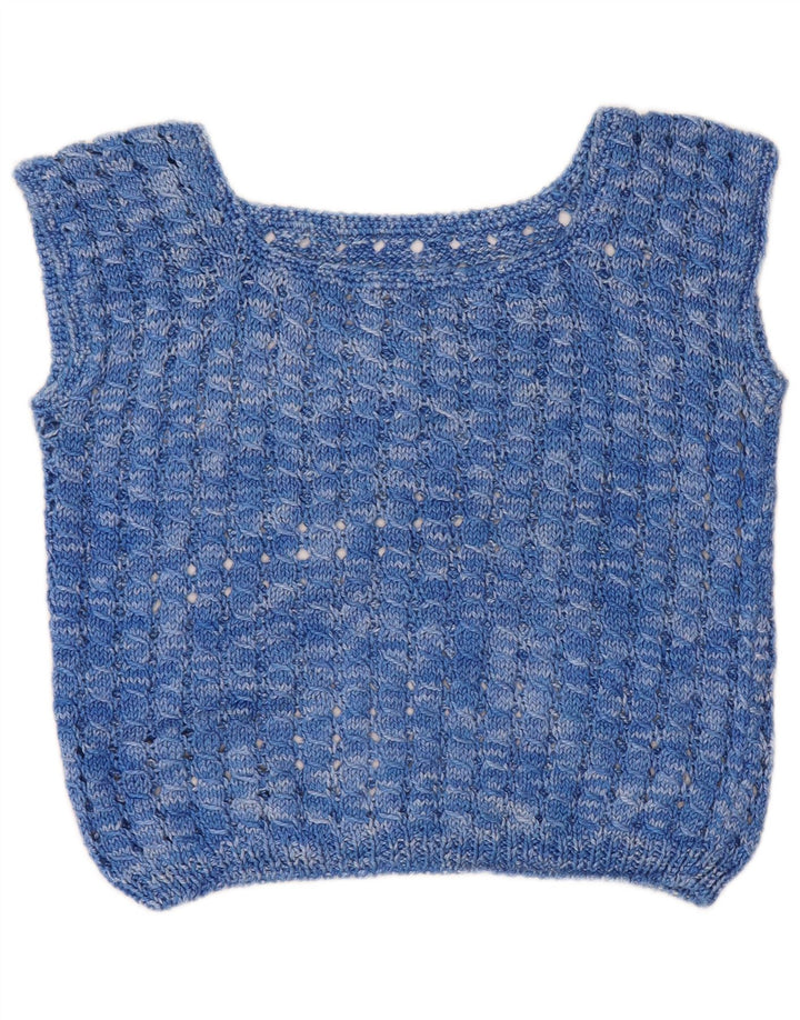 VINTAGE Mujer Crop Crochet Chaleco Tank Top Reino Unido 14 Azul Medio