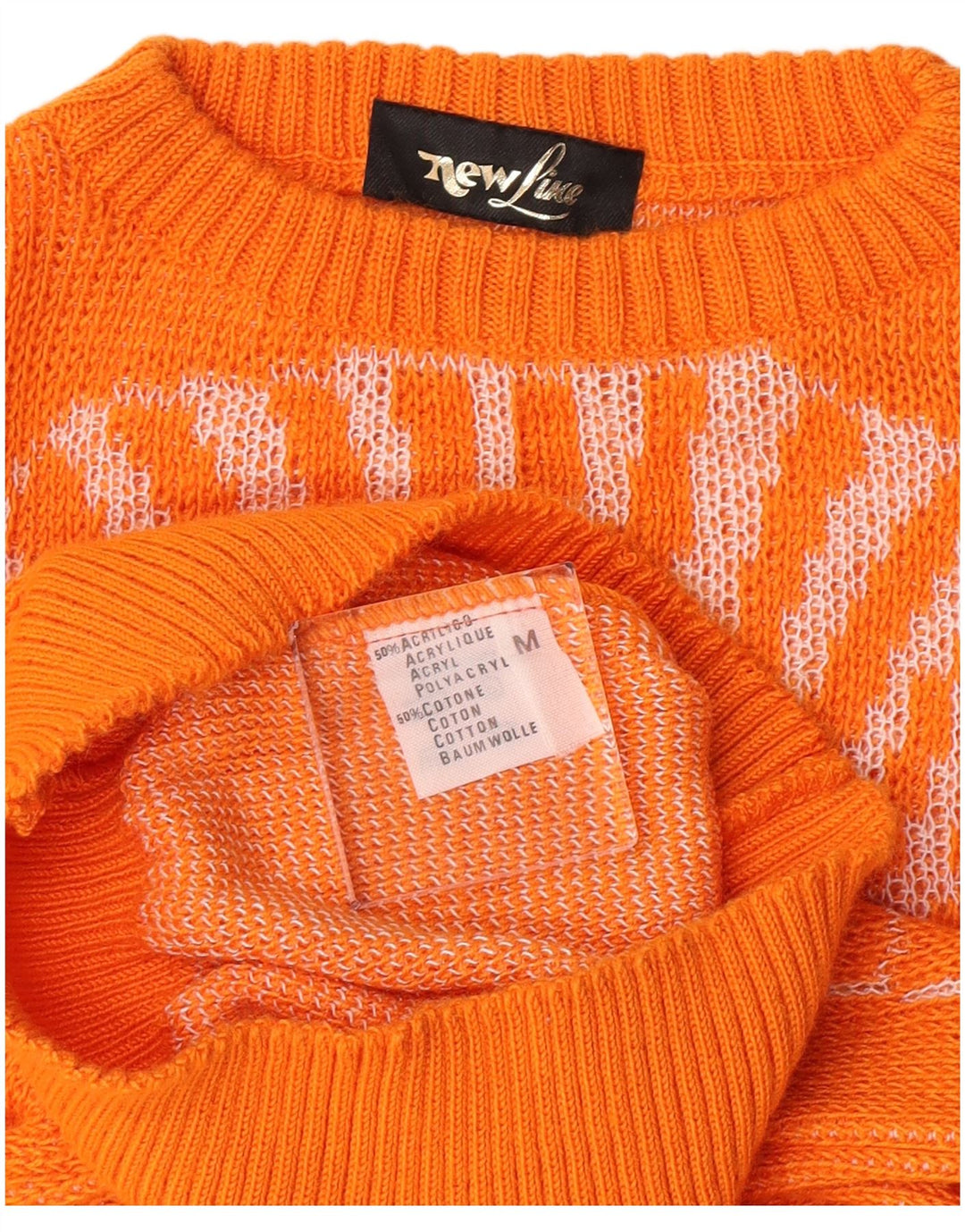 Vintage mujer gráfico cuello redondo jersey suéter Reino Unido 12 medio naranja acrílico