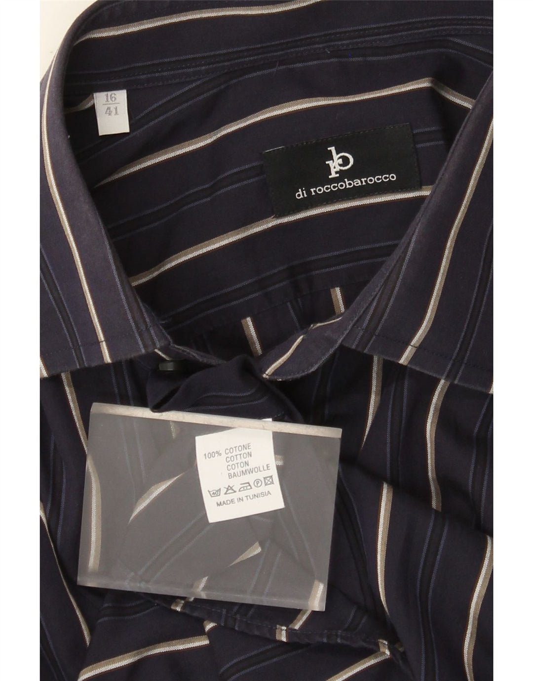 Roccobarocco Camisa para hombre Talla 41 16 Grande Algodón a rayas azul marino