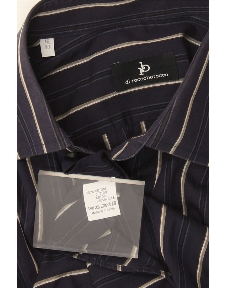 Roccobarocco Camisa para hombre Talla 41 16 Grande Algodón a rayas azul marino