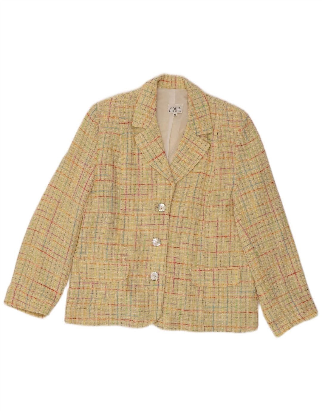 Vintage mujer 3 botones Blazer chaqueta IT 42 medio amarillo comprobar algodón
