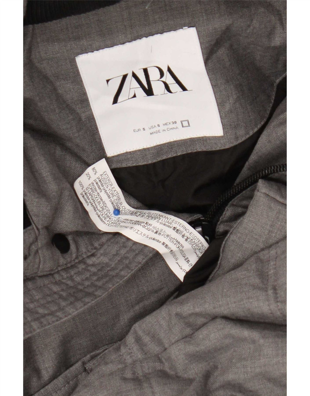 Zara Mens Abrigo acolchado con capucha UK 36 Small Gris Poliéster
