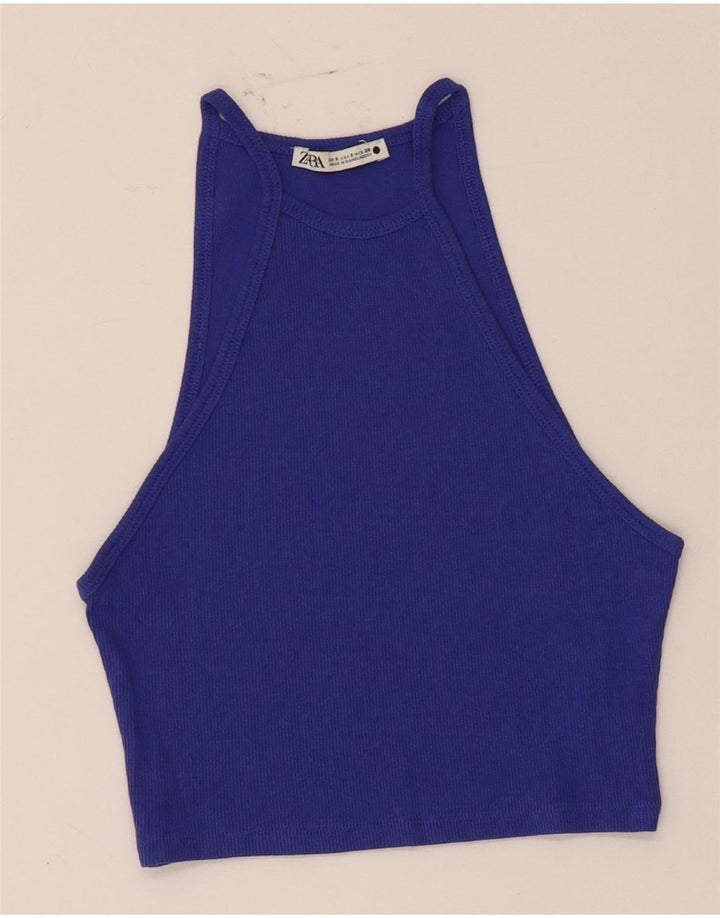 Zara Mujer Crop Halter Top UK 8 Small Algodón Azul