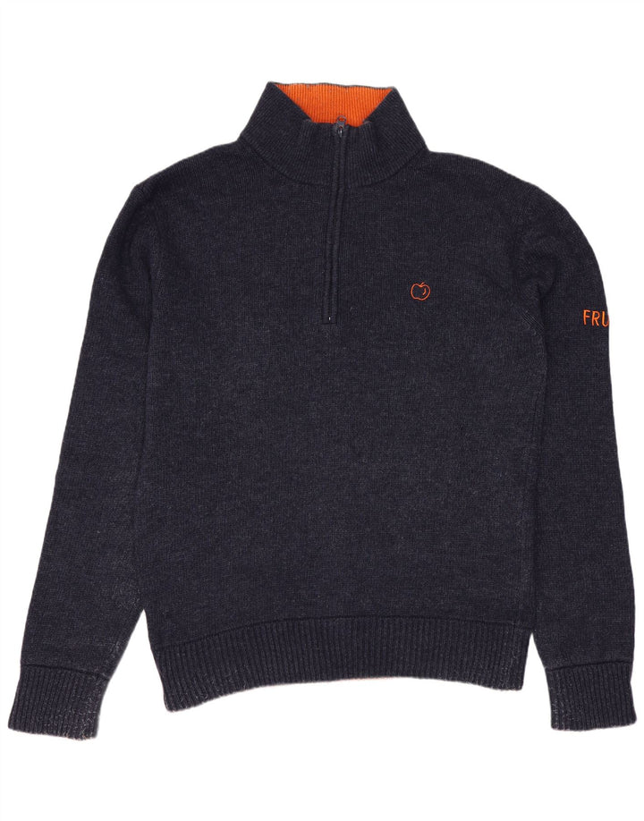 VINTAGE Hombres Zip Neck Jumper Suéter Medio Azul Marino Lana