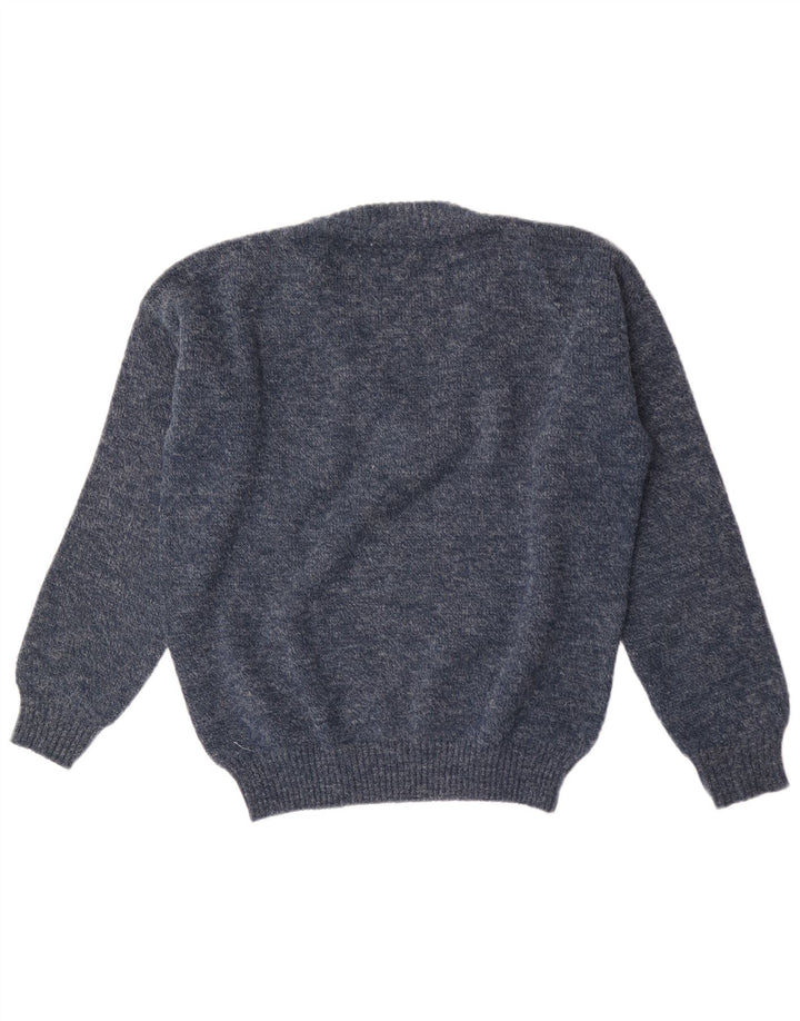 Vintage hombres V-cuello jumper suéter medio azul marino geométrico